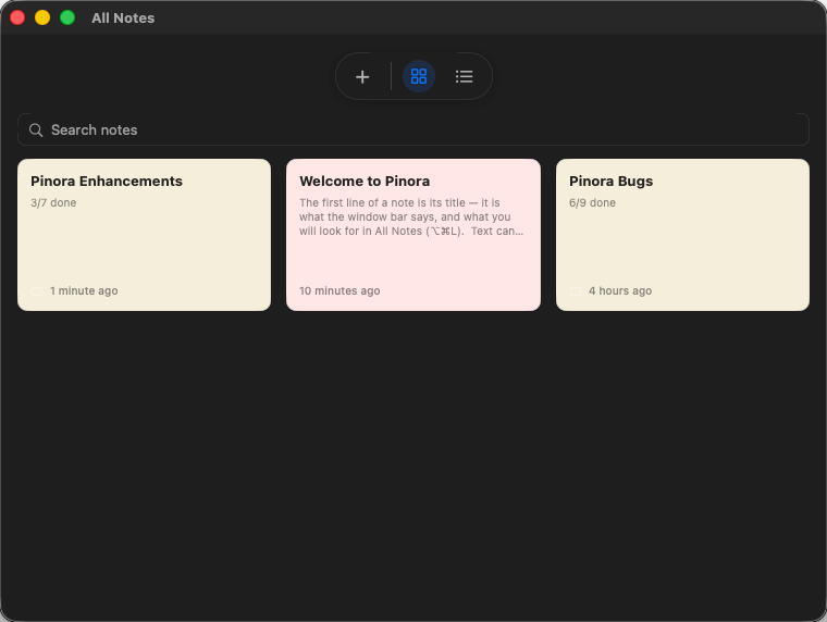 Pinora’s All Notes window: a searchable grid of every note.