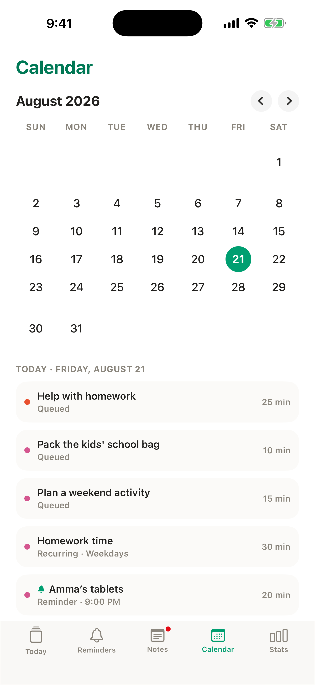 The calendar month grid with today highlighted and the day's queued tasks listed underneath.