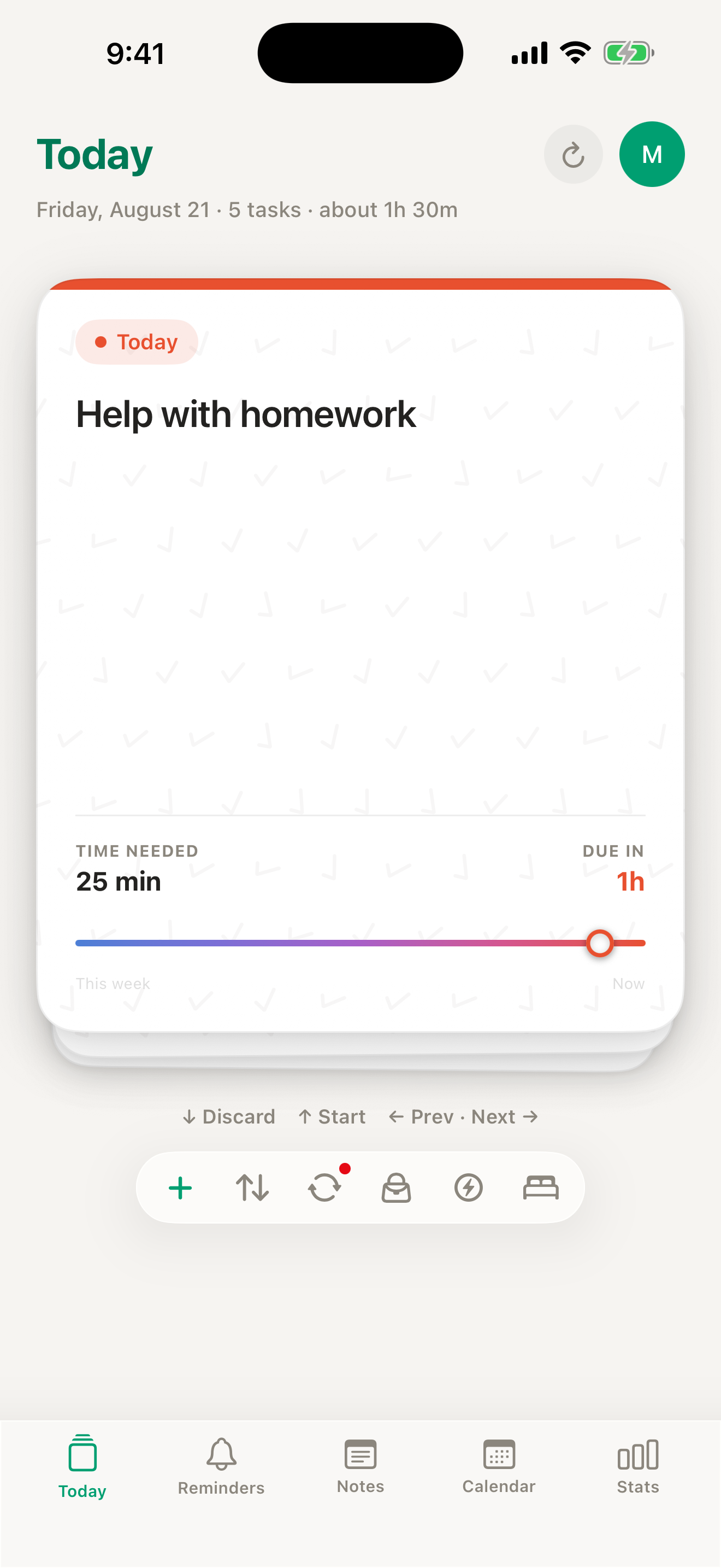 The Pop Task deck: one task card with its day chip, time needed and time remaining.