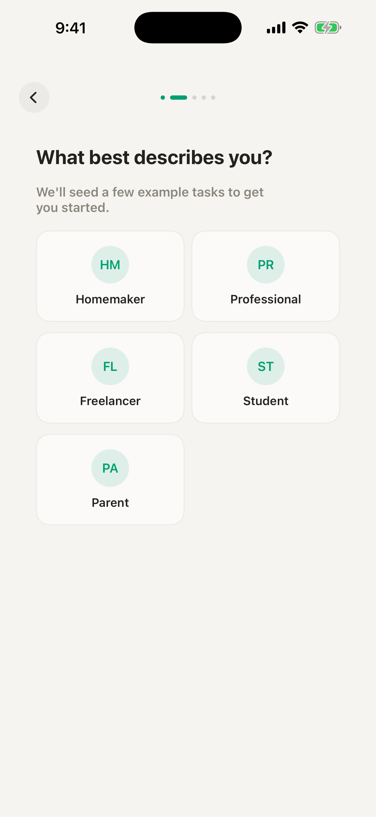 Persona choice: Homemaker, Professional, Freelancer, Student, Parent.
