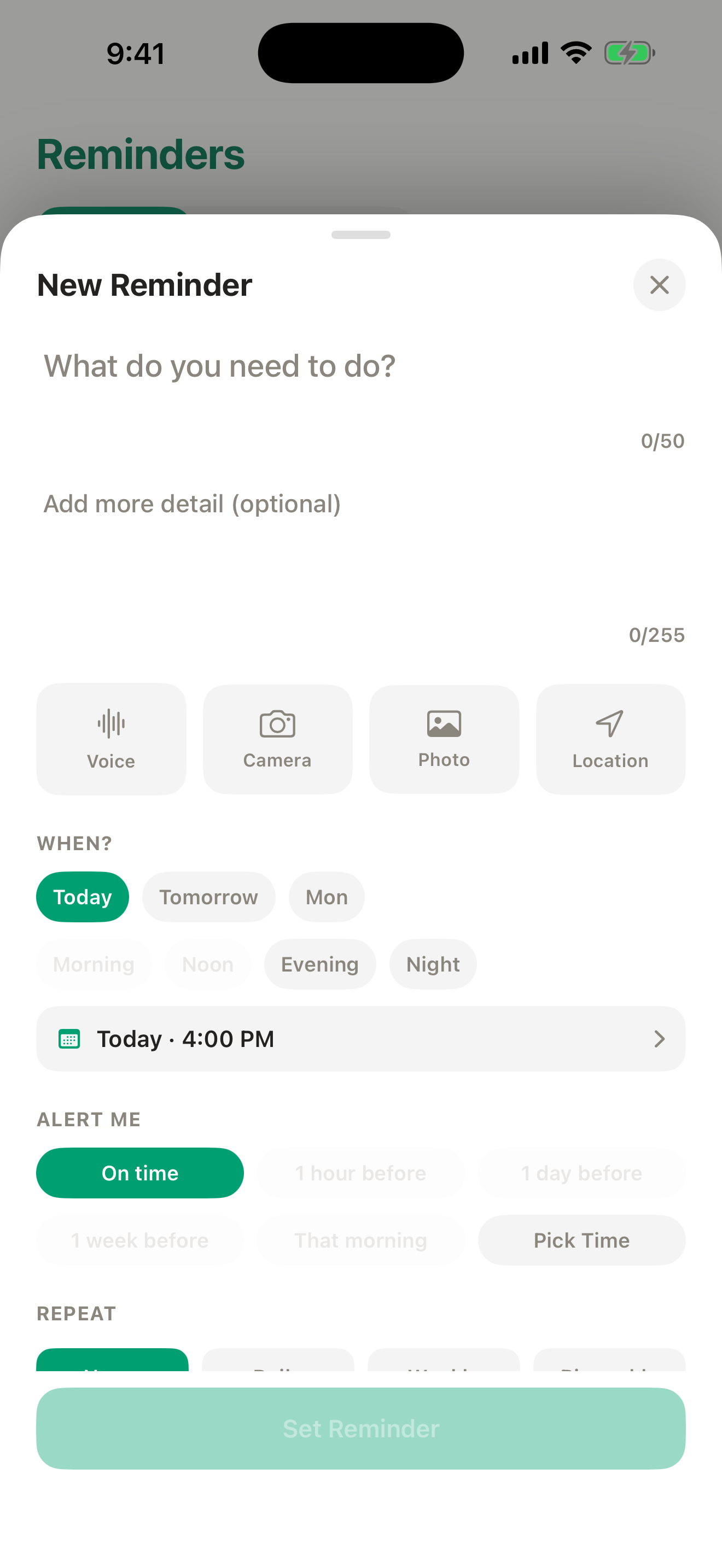 The reminder composer with day and time chips, an alert row and a repeat row.