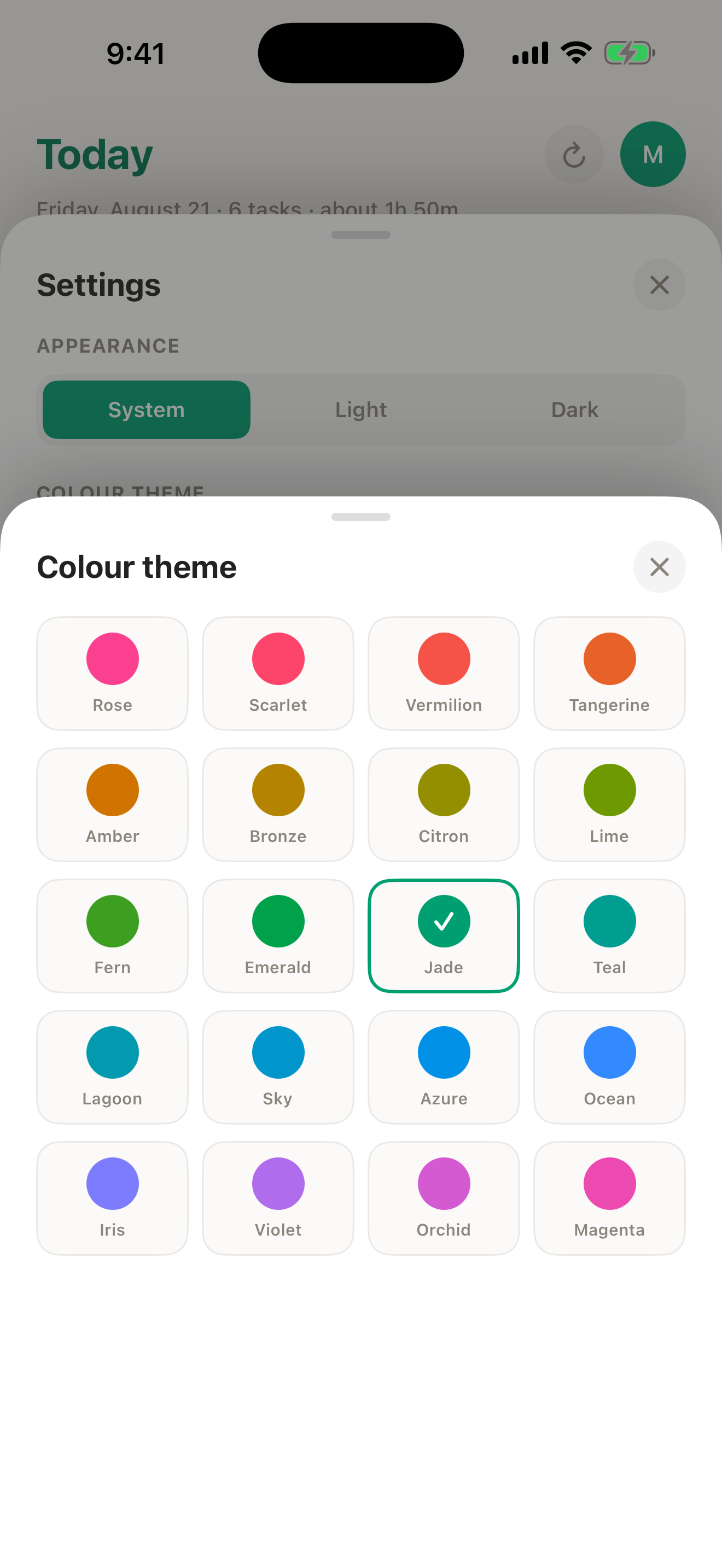 Twenty accent colour swatches with Jade selected.